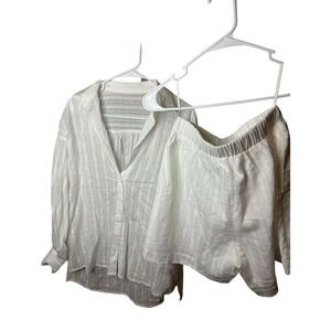 White Textured Shirt and Shorts Set, Button Down Top & Elastic‎ Waist